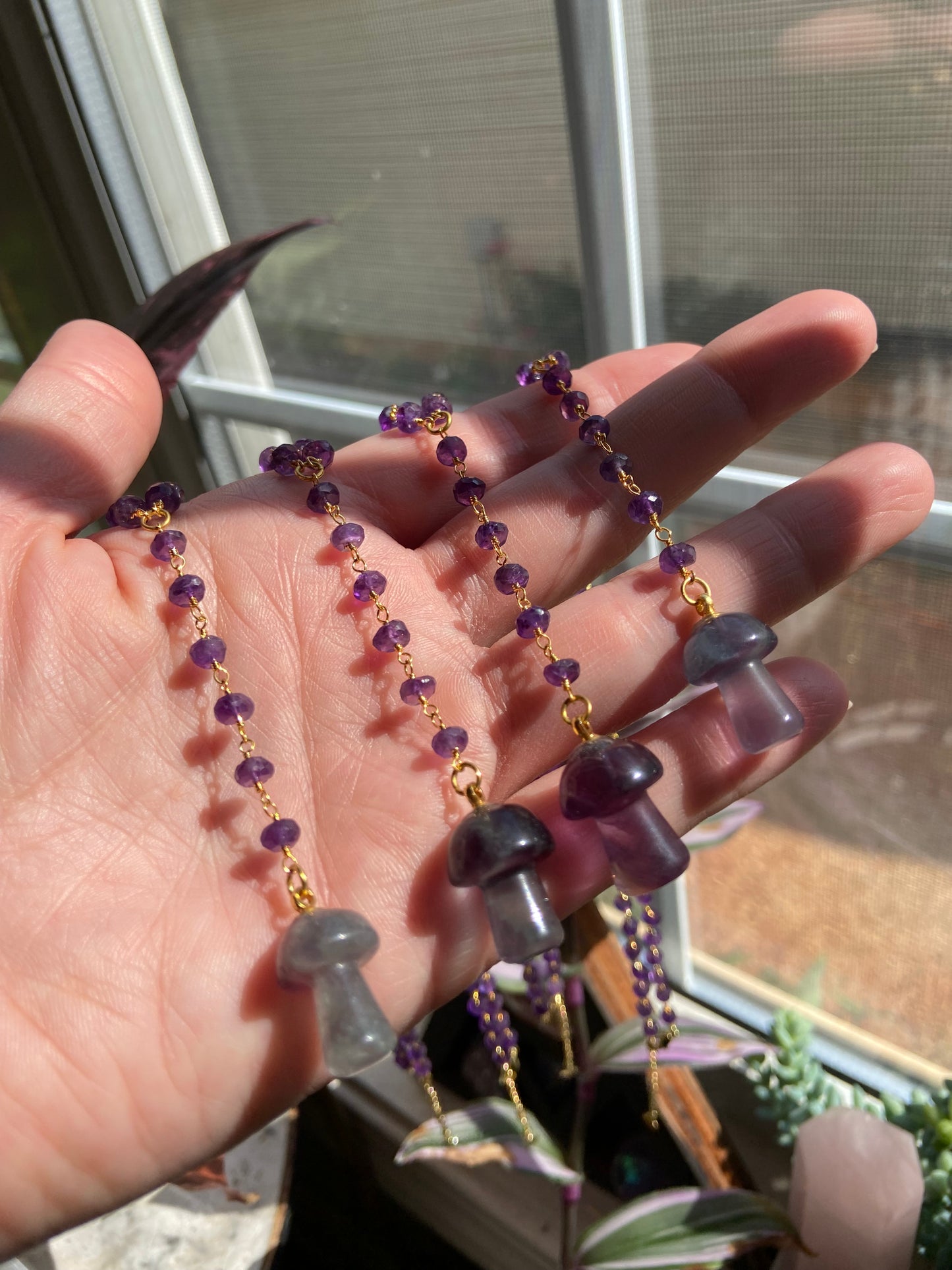 Fluorite and Amethyst Mushie necklace