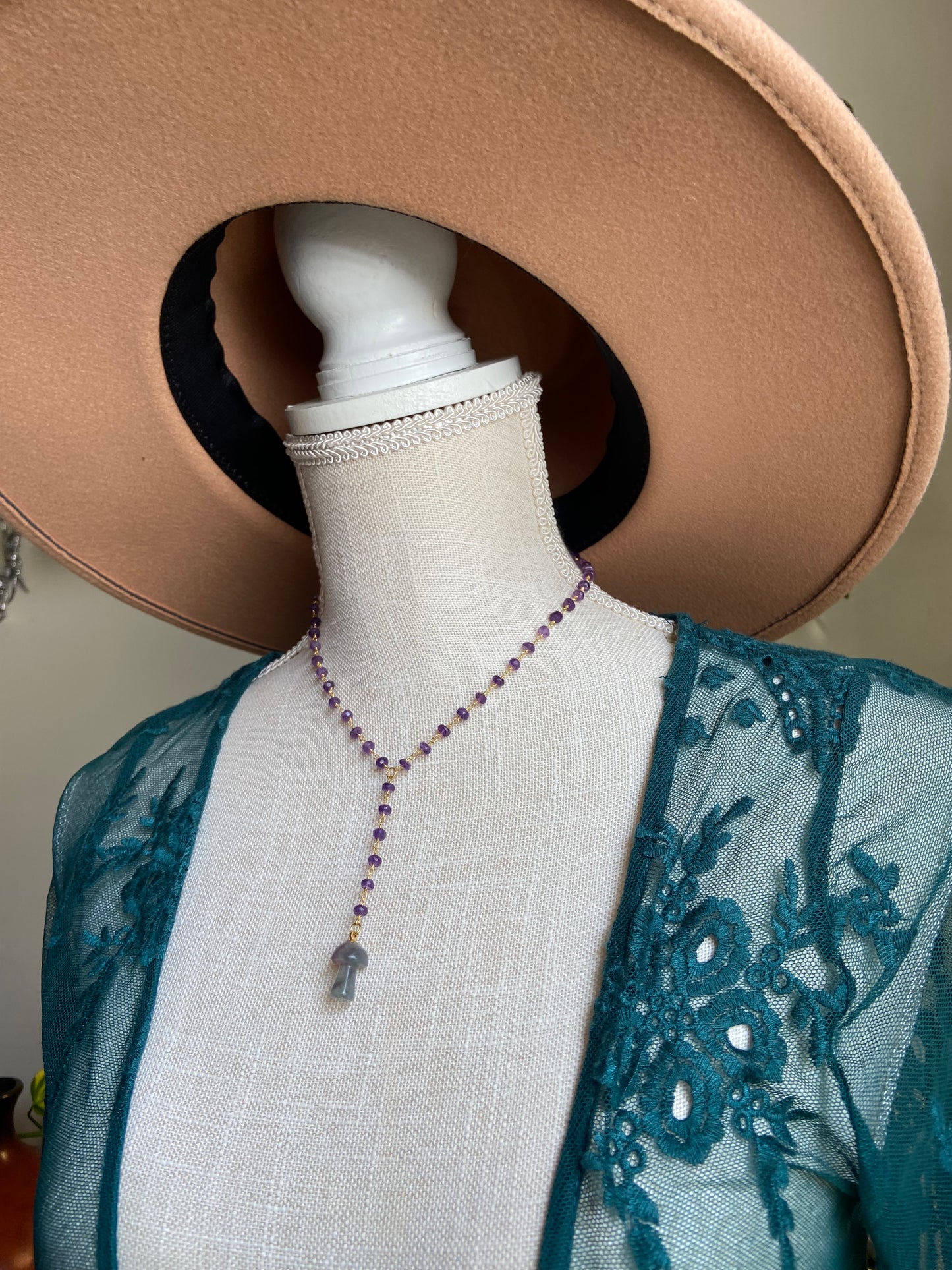 Fluorite and Amethyst Mushie necklace