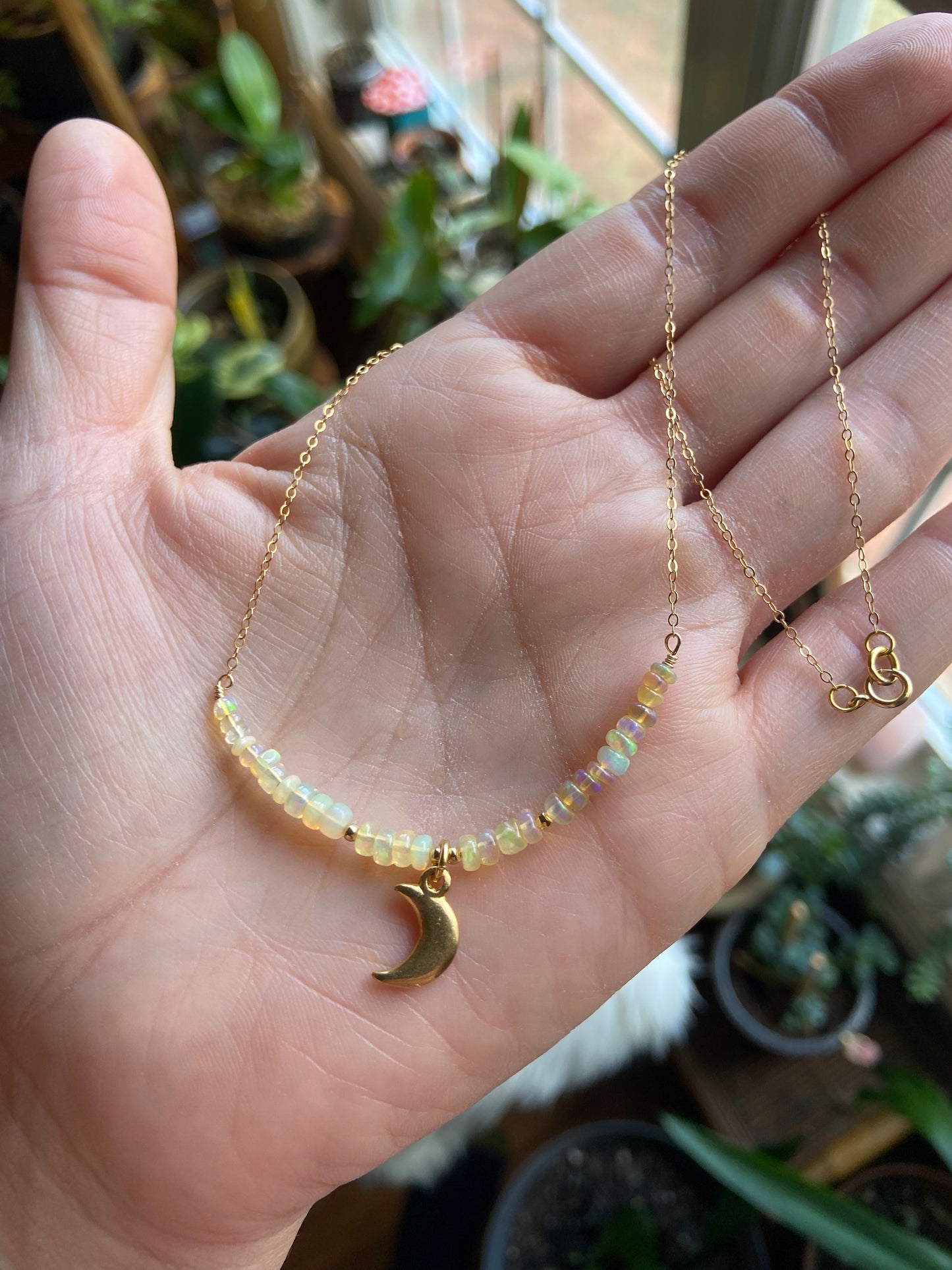 Dainty Ethiopian Opal moon necklace