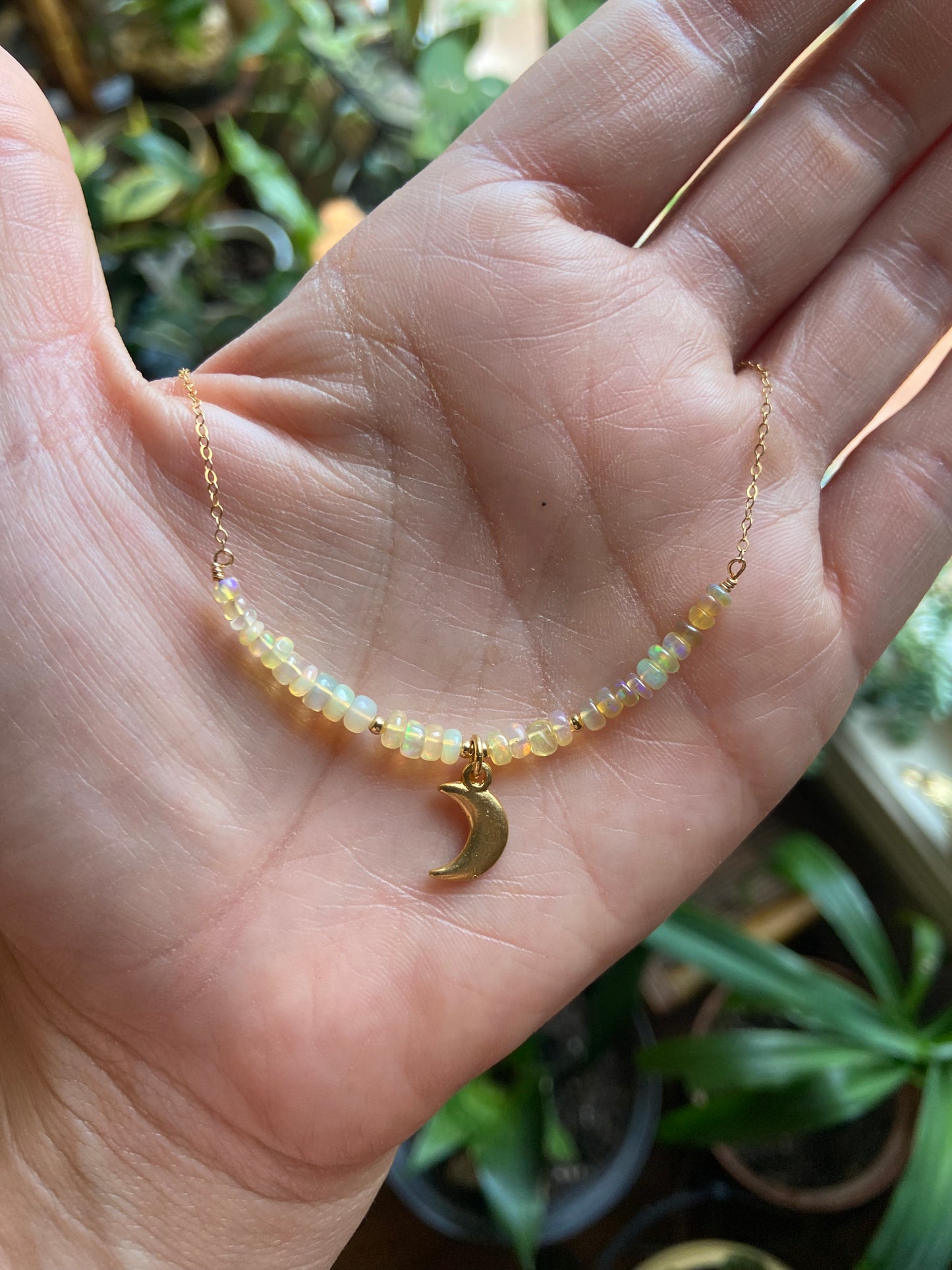 Dainty Ethiopian Opal moon necklace
