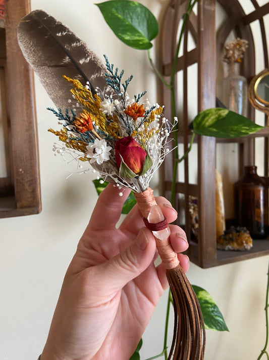 Vegan Leather Turkey feather wand with quartz handle 💎