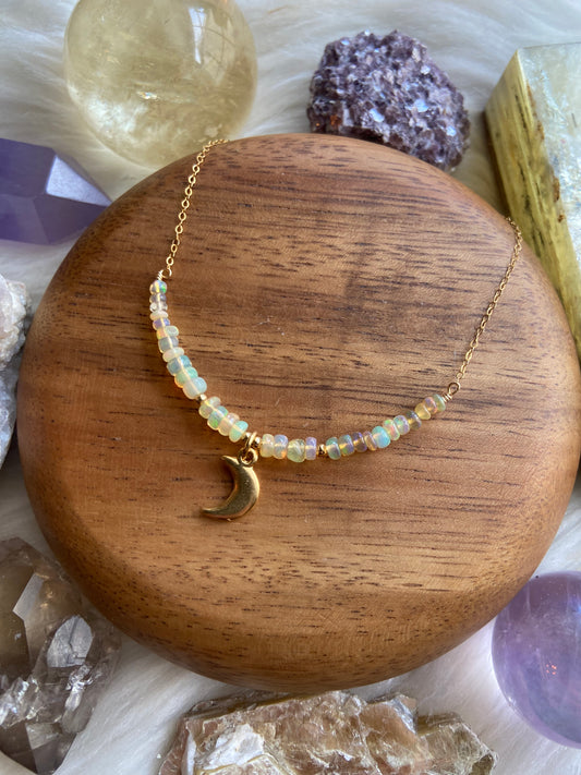 Dainty Ethiopian Opal moon necklace