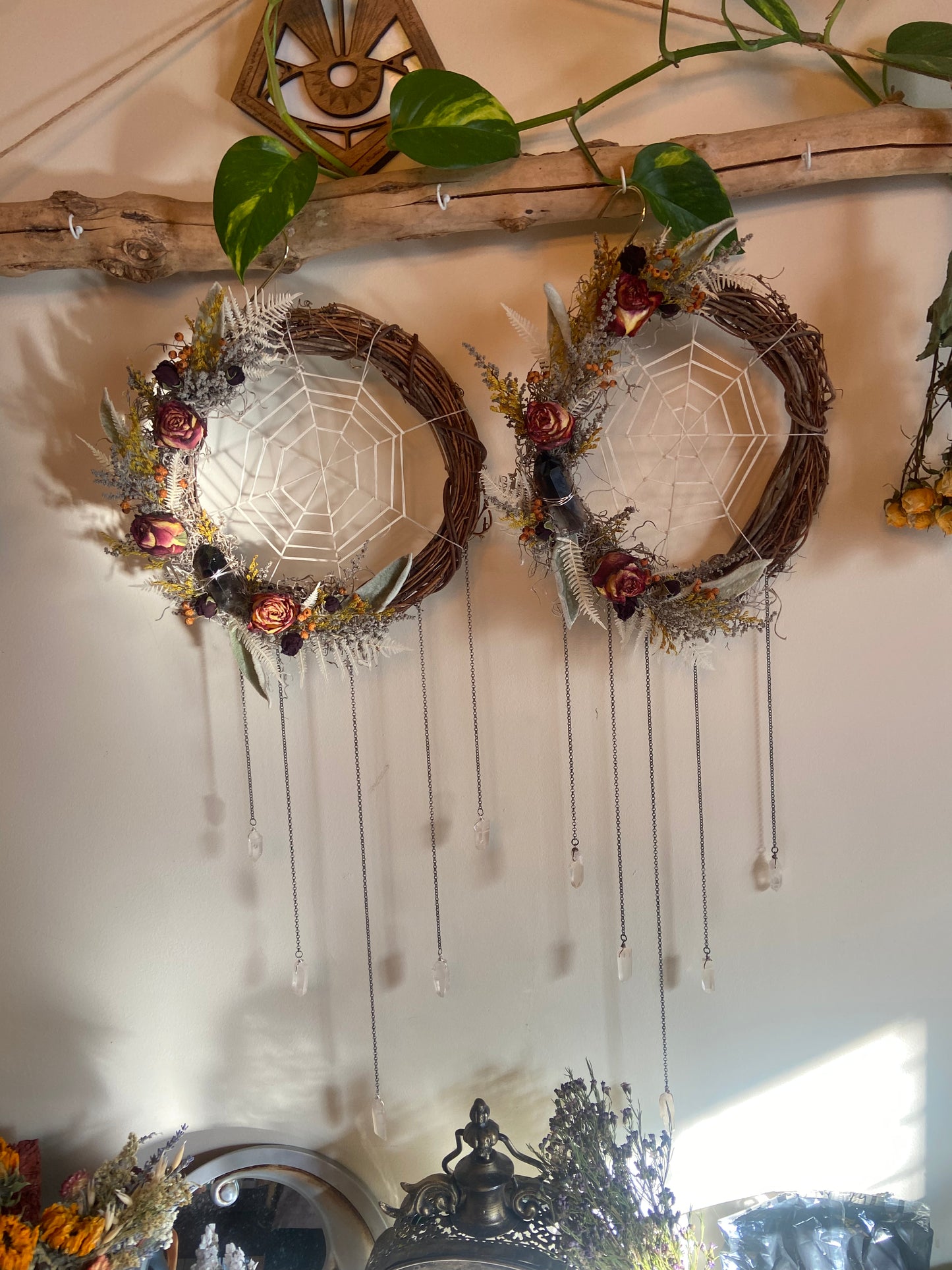 Spider Web Wreath with Smoky and Clear Quartz points