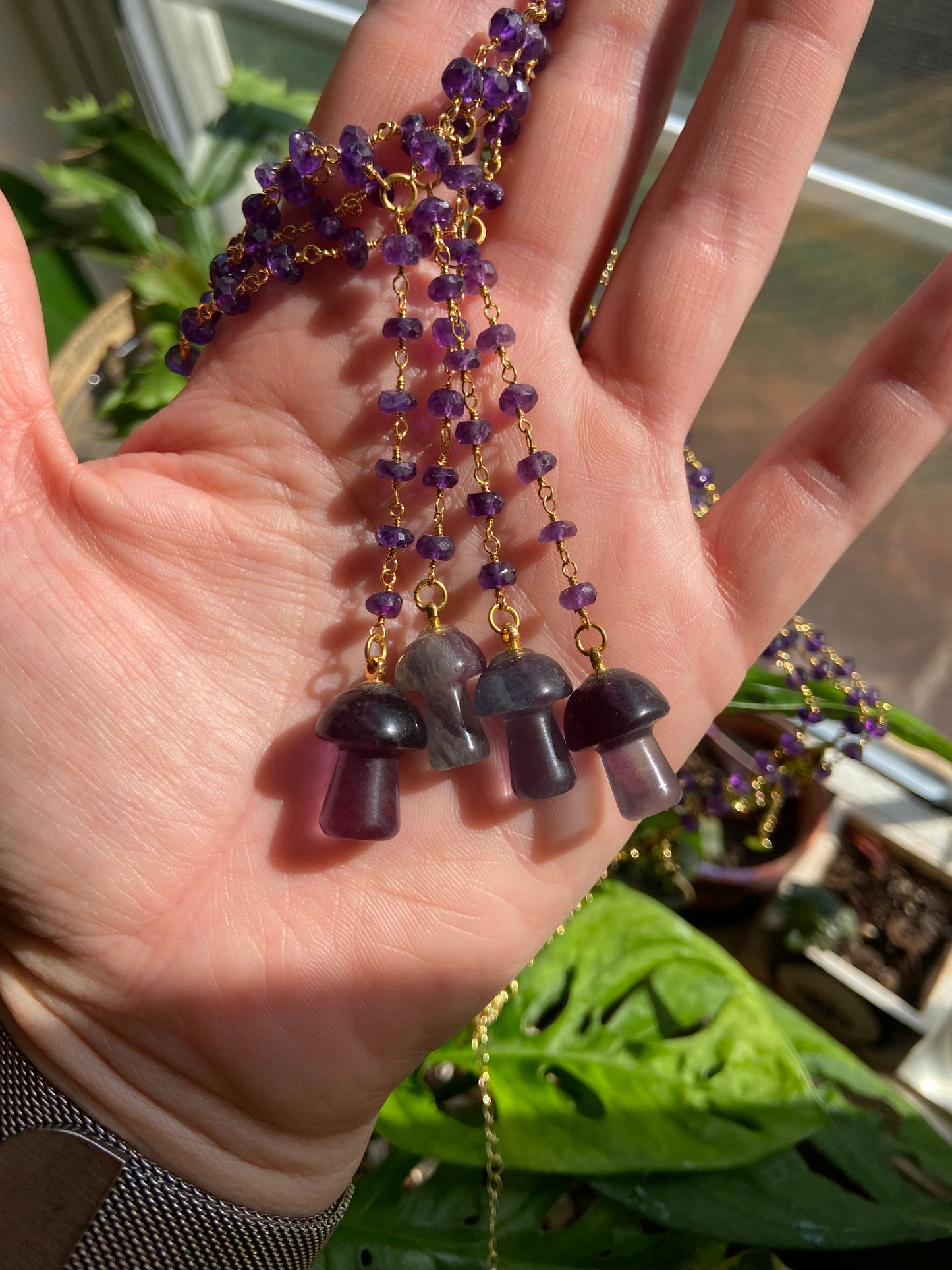 Fluorite and Amethyst Mushie necklace