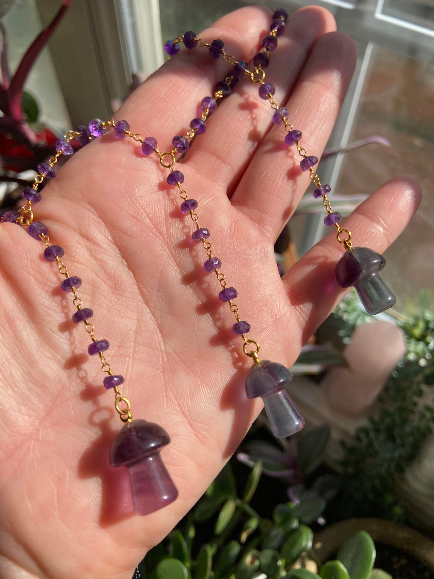 Fluorite and Amethyst Mushie necklace