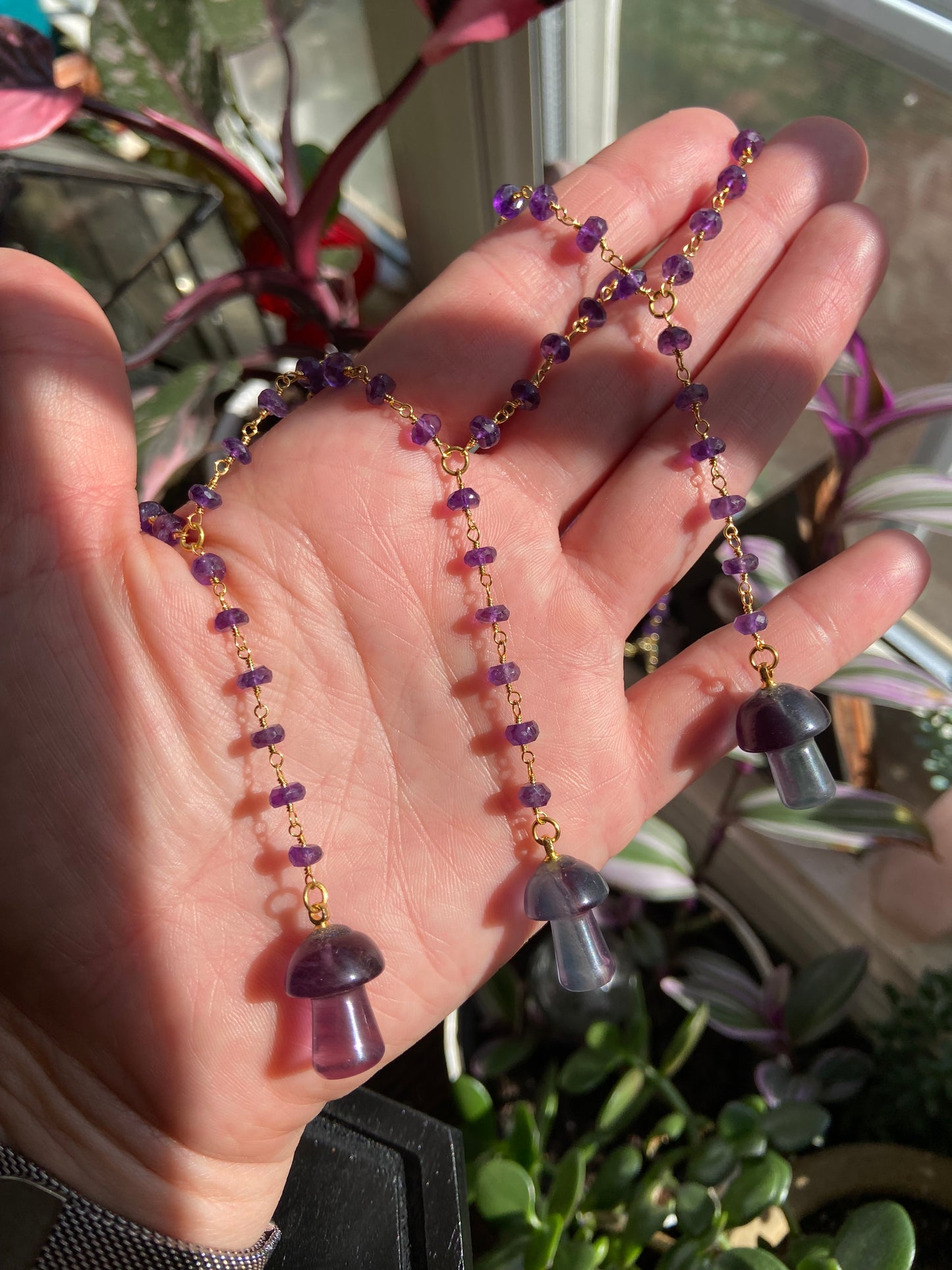 Fluorite and Amethyst Mushie necklace