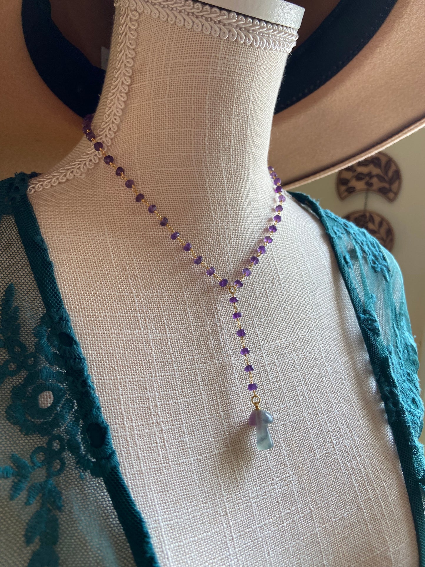 Fluorite and Amethyst Mushie necklace