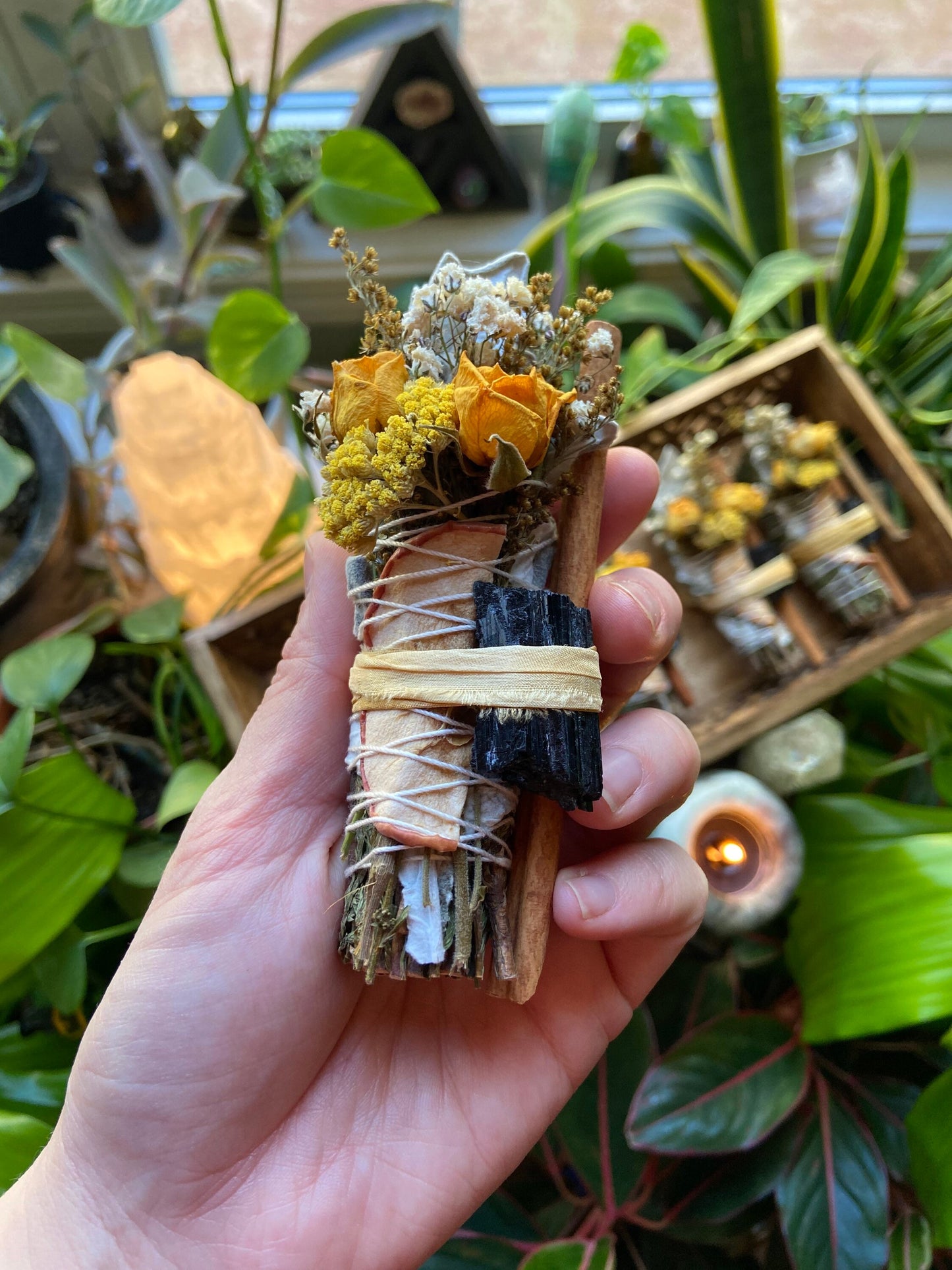 Aura, protection, smudge bundle, Cedar, goldenrod, yarrow flowers, black tourmaline, roses, meditation, cruelty free, sage stick, smudge