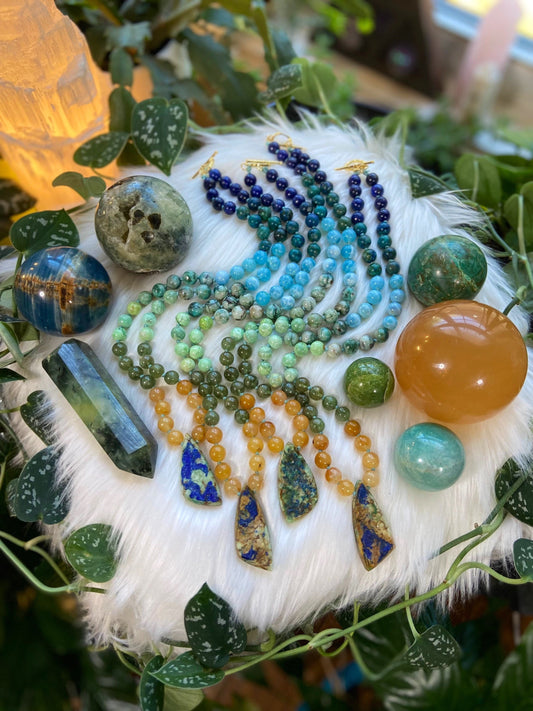 Mala necklace,yoga jewelry, prayer beads, Chrysocolla Quartz, Chrysocolla, Fire Agate, Variscite, Golden Quartz, Lapis Lazuli, Green Apatite